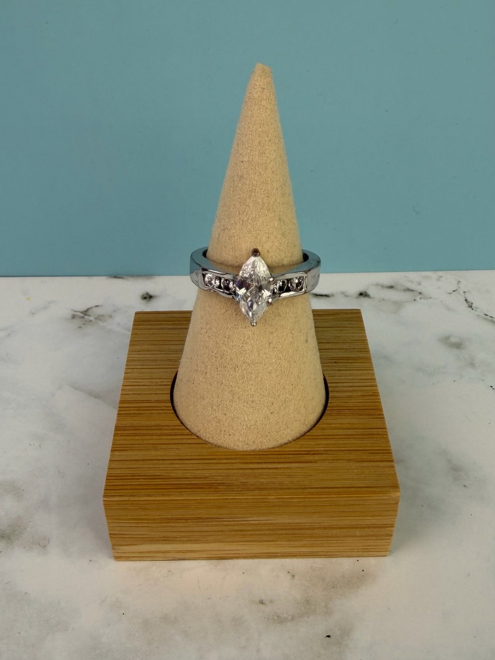 Y2K Marquise Cut CZ Solitaire Ring Silver Tone Channel Set Accents - Size 9